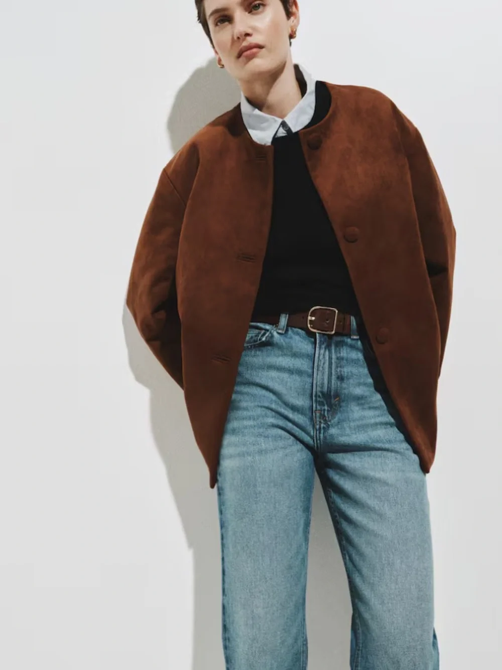 NWT H&M Classic Brown Faux Suede Collarless Jacket. Size Medium. - Picture 3 of 13